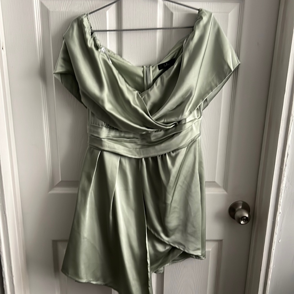 Sage Green Satin Off-the-Shoulder Mini Dress